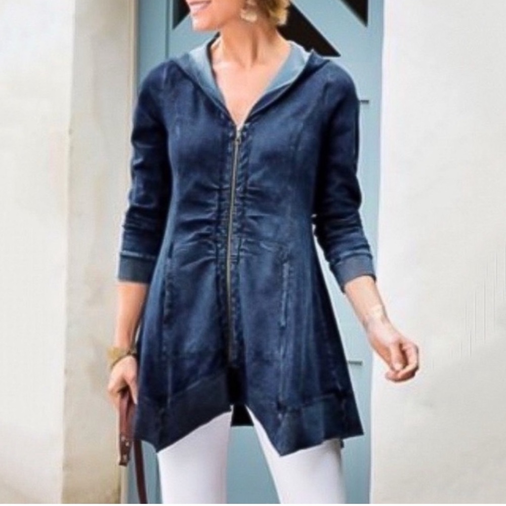 Soft Surroundings Highland Ruched Denim Hoodie Boho Chic Longline Zip Jacket